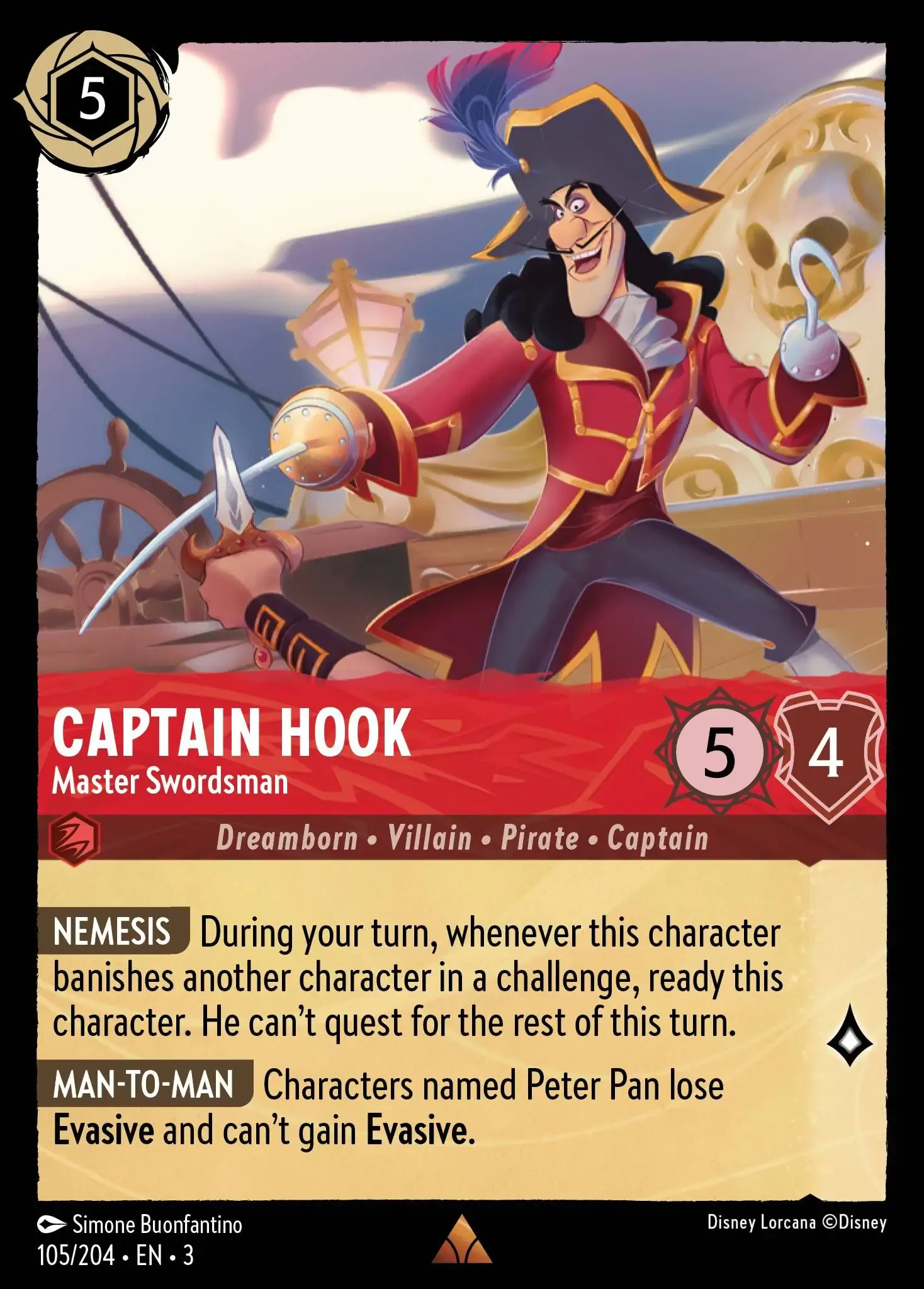 🔮 Captain Hook - Ruthless Pirate - 107/204 - Rare - FOIL - Disney Lorcana  (6C)